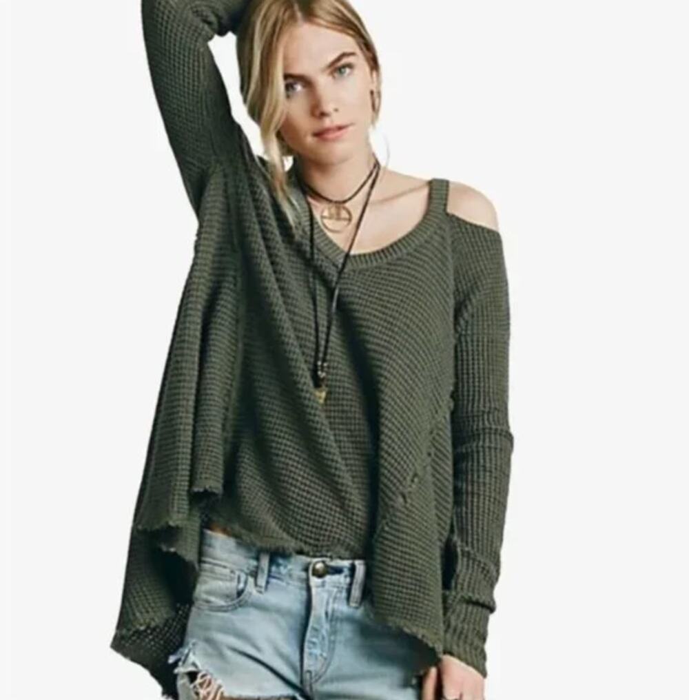 Free People Green Cotton Moonshine Cold Shoulder Boho Knit Sweater S Small